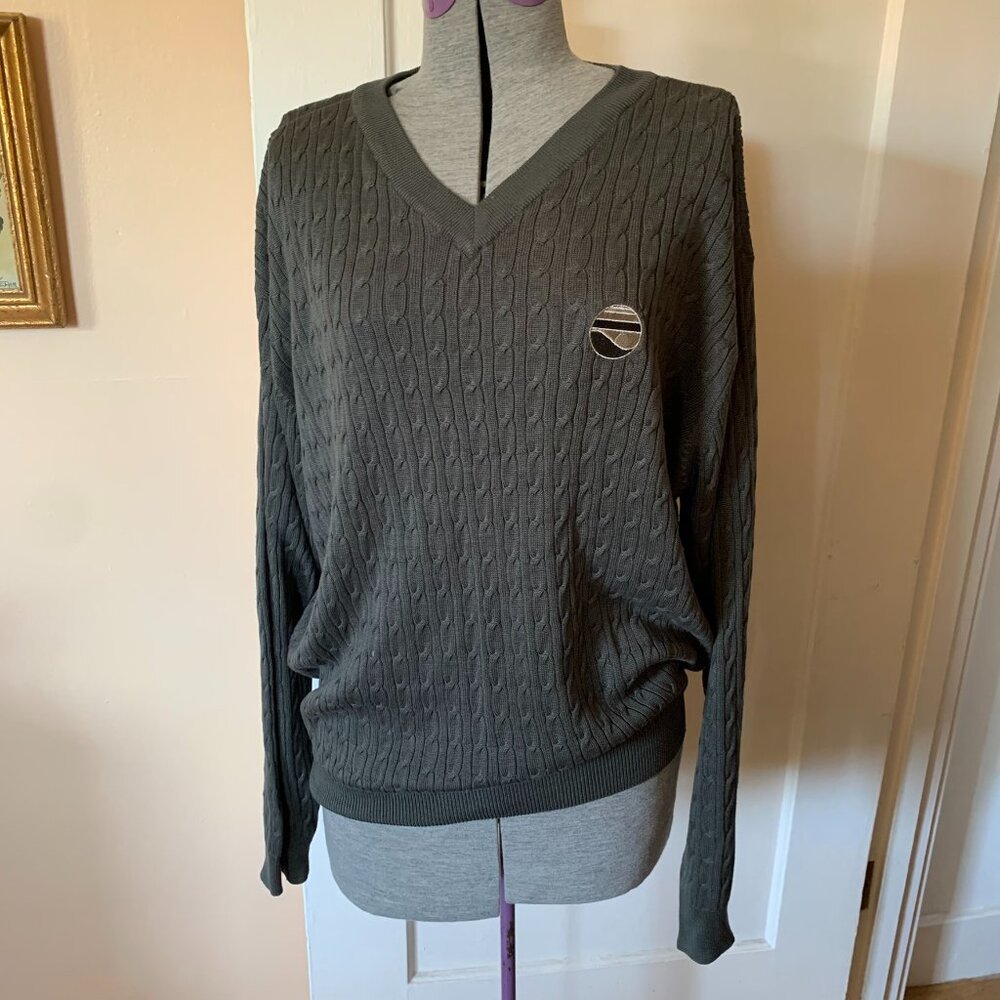 Icon Collection Mens‎ V-Neck Cable Knit Silk Blend Sweater Grey L